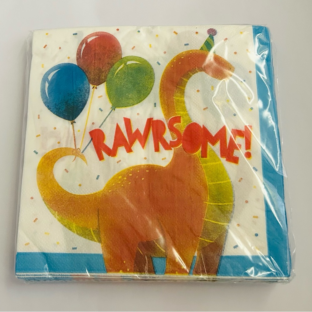 New 25 Dinosaur Party Napkins”Rawrsome” 6.4” x  6.4” Blue White Orange Green